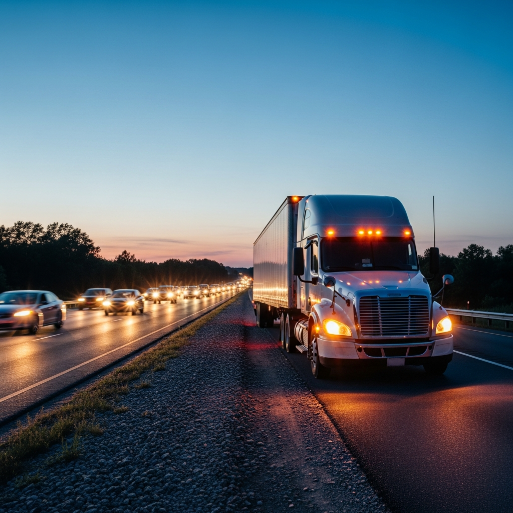 A large white semi-truck with an attached trailer parked precariously on the narrow gravel shoulder of a dark highway at dusk, with its hazard lights flashing and heavy traffic passing by on the main road.