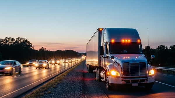 A large white semi-truck with an attached trailer parked precariously on the narrow gravel shoulder of a dark highway at dusk, with its hazard lights flashing and heavy traffic passing by on the main road.