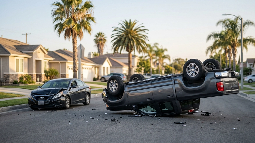A dark-colored pickup truck is overturned on its roof in the middle of a street in Bellflower after a collision with a sedan.