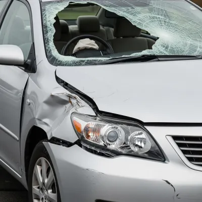 A silver Toyota sedan with significant front-end damage from a crash where the interior steering wheel is visible but the airbag has not deployed.