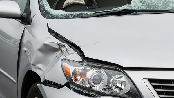 A silver Toyota sedan with significant front-end damage from a crash where the interior steering wheel is visible but the airbag has not deployed.