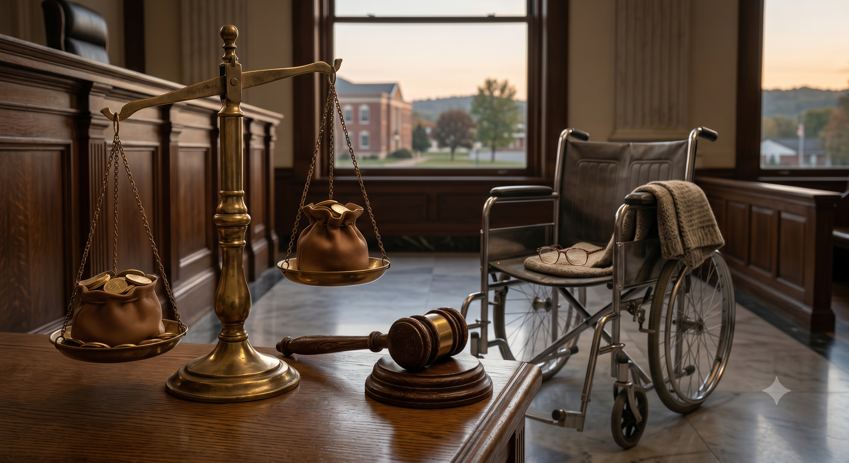 an isolated, empty wheelchair and discarded reading glasses symbolizing a loss, set against highly polished scales of justice weighted heavily with unbranded gold, in an Ohio courthouse setting at dusk, representing the analysis of a $12.5M nursing home wrongful death verdict.