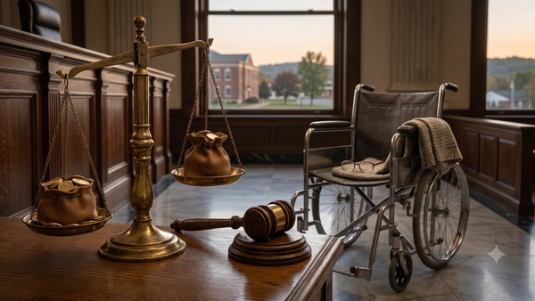 an isolated, empty wheelchair and discarded reading glasses symbolizing a loss, set against highly polished scales of justice weighted heavily with unbranded gold, in an Ohio courthouse setting at dusk, representing the analysis of a $12.5M nursing home wrongful death verdict.