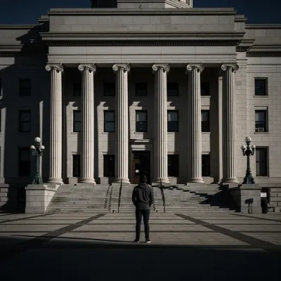A person standing alone in front of a large government-style stone building with tall columns, looking up at the structure with a resolute expression; the lighting is dramatic with long shadows stretching across the plaza.