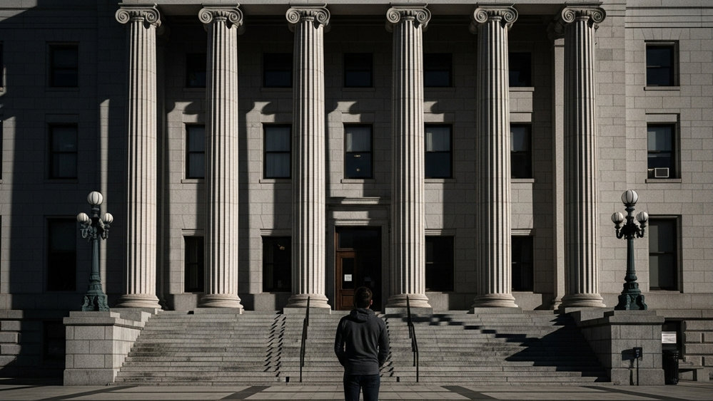 A person standing alone in front of a large government-style stone building with tall columns, looking up at the structure with a resolute expression; the lighting is dramatic with long shadows stretching across the plaza.