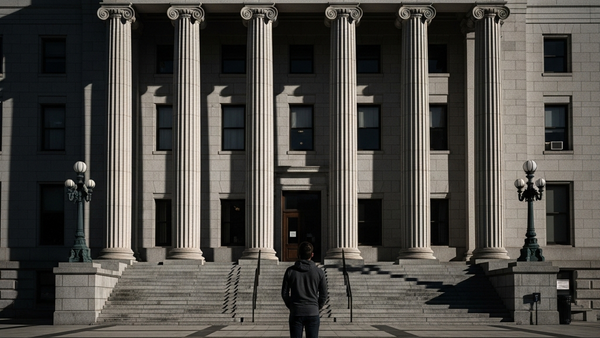 A person standing alone in front of a large government-style stone building with tall columns, looking up at the structure with a resolute expression; the lighting is dramatic with long shadows stretching across the plaza.