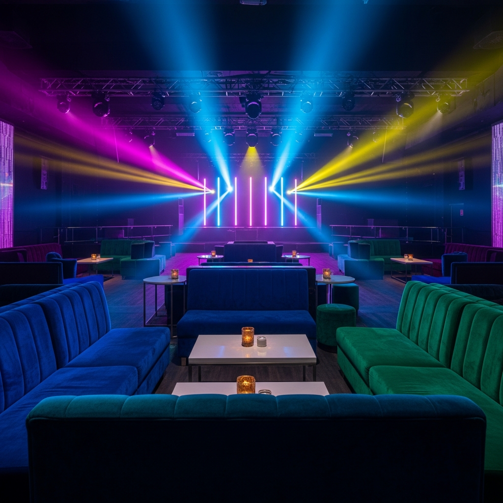 An interior view of a contemporary nightclub lounge with velvet seating and colorful stage lights, representing the entertainment industry environment.