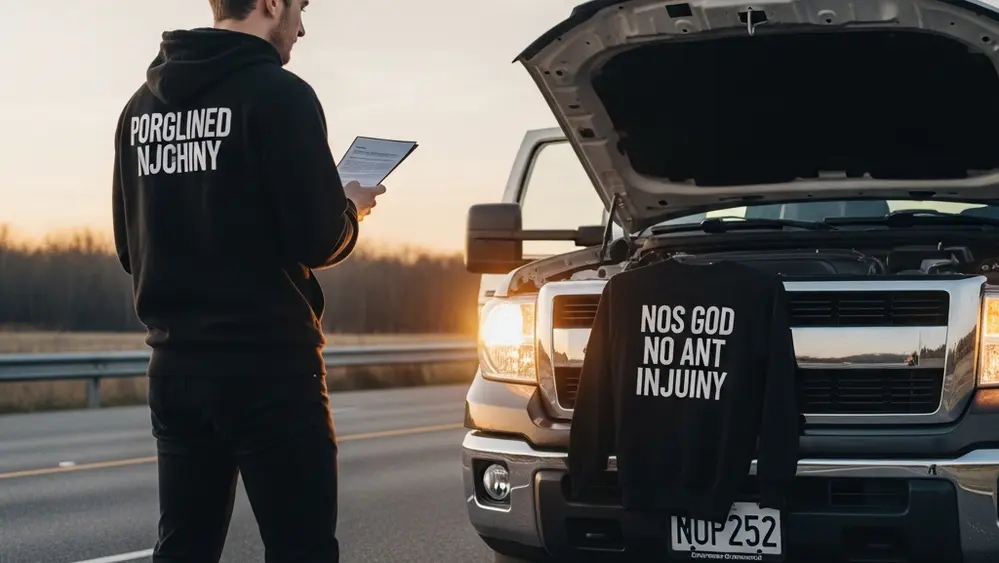 A modern pickup truck parked on the side of a highway with its hood open and hazard lights flashing during the late afternoon.