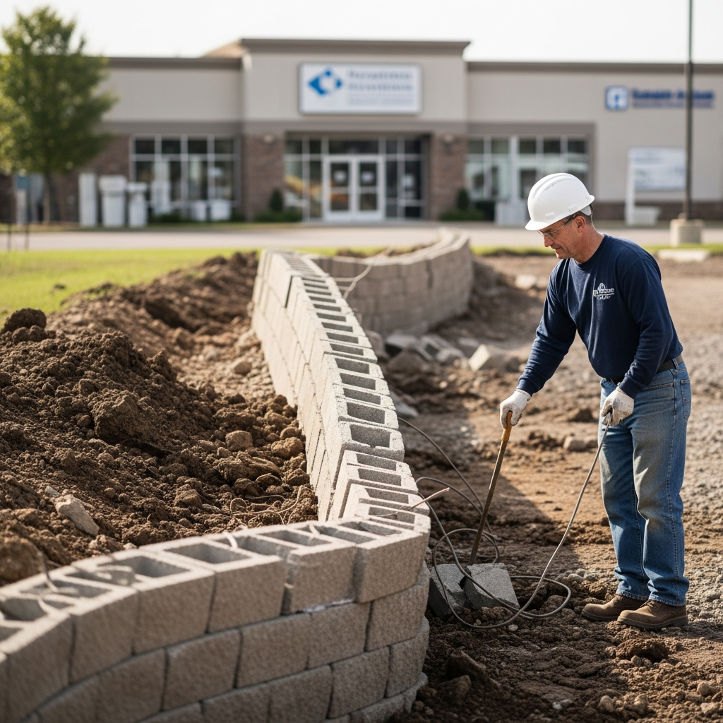 A construction site with a collapsed concrete block retaining wall and heavy soil backfill near a plumbing supply showroom building.