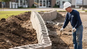 A construction site with a collapsed concrete block retaining wall and heavy soil backfill near a plumbing supply showroom building.