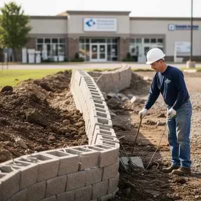 A construction site with a collapsed concrete block retaining wall and heavy soil backfill near a plumbing supply showroom building.