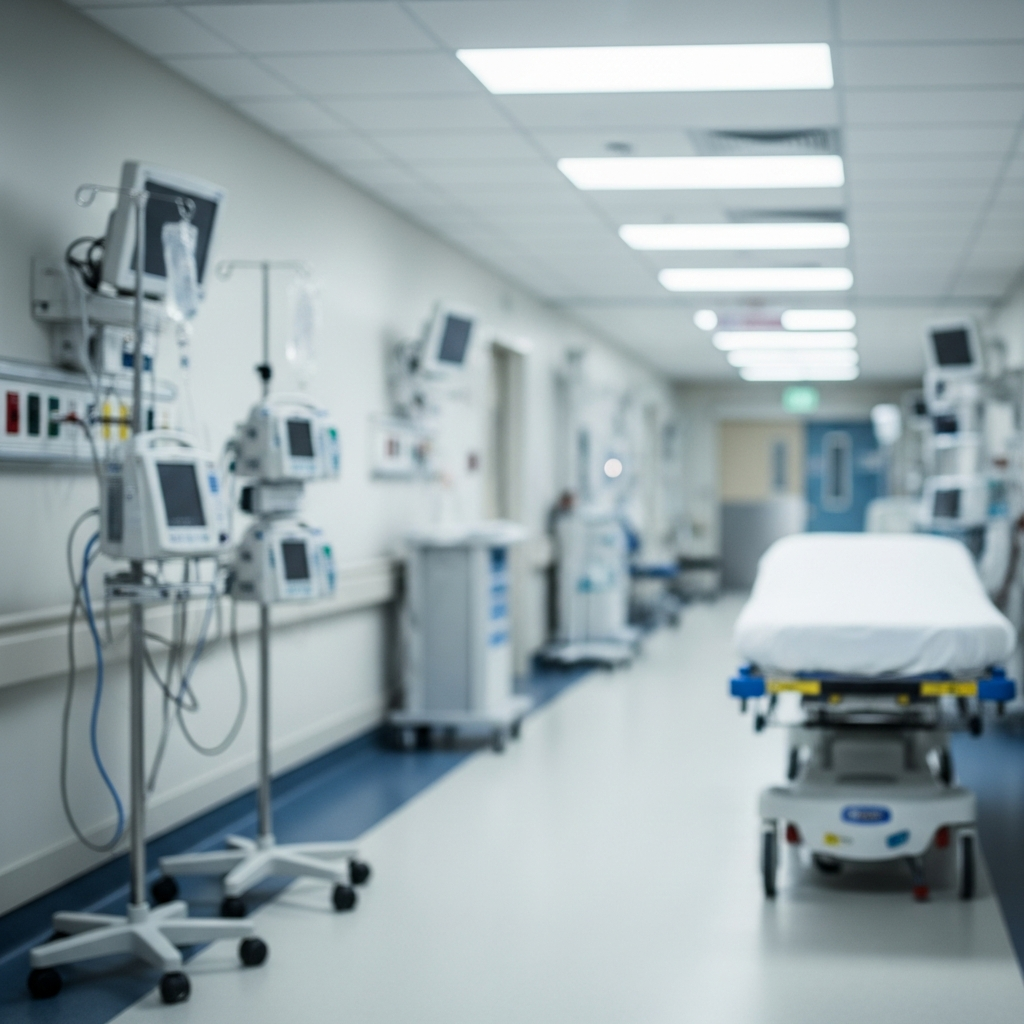 A blurred interior view of a modern hospital emergency room hallway with medical equipment, a gurney, and soft overhead lighting, conveying a sense of urgency without visible text.
