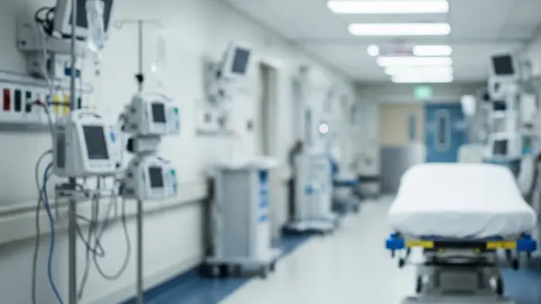 A blurred interior view of a modern hospital emergency room hallway with medical equipment, a gurney, and soft overhead lighting, conveying a sense of urgency without visible text.