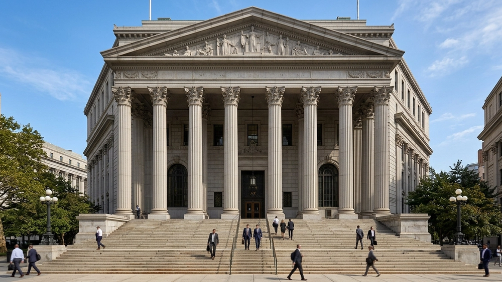 An architectural view of the New York State Supreme Court building in Manhattan, featuring grand stone columns and wide steps that symbolize the path to legal justice for accident victims.