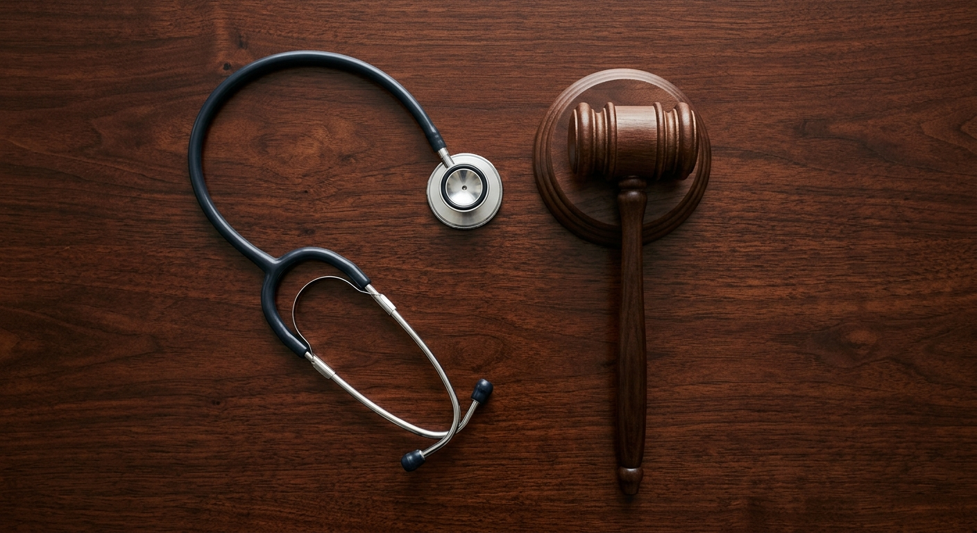 An overhead view of a stethoscope resting on a dark wooden surface next to a gavel, symbolizing the intersection of medicine and law