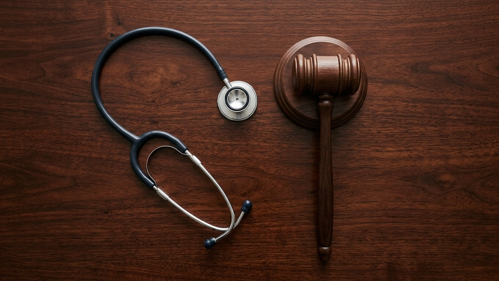 An overhead view of a stethoscope resting on a dark wooden surface next to a gavel, symbolizing the intersection of medicine and law