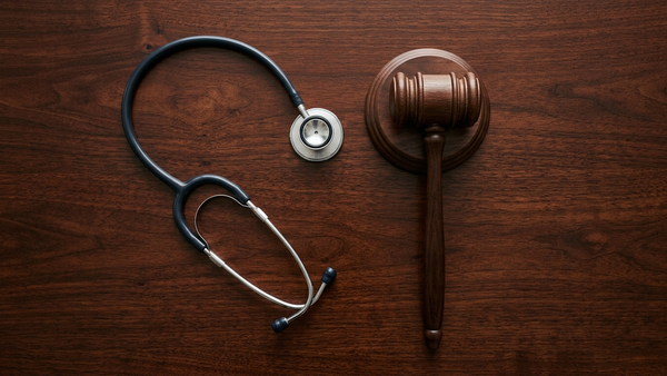 An overhead view of a stethoscope resting on a dark wooden surface next to a gavel, symbolizing the intersection of medicine and law