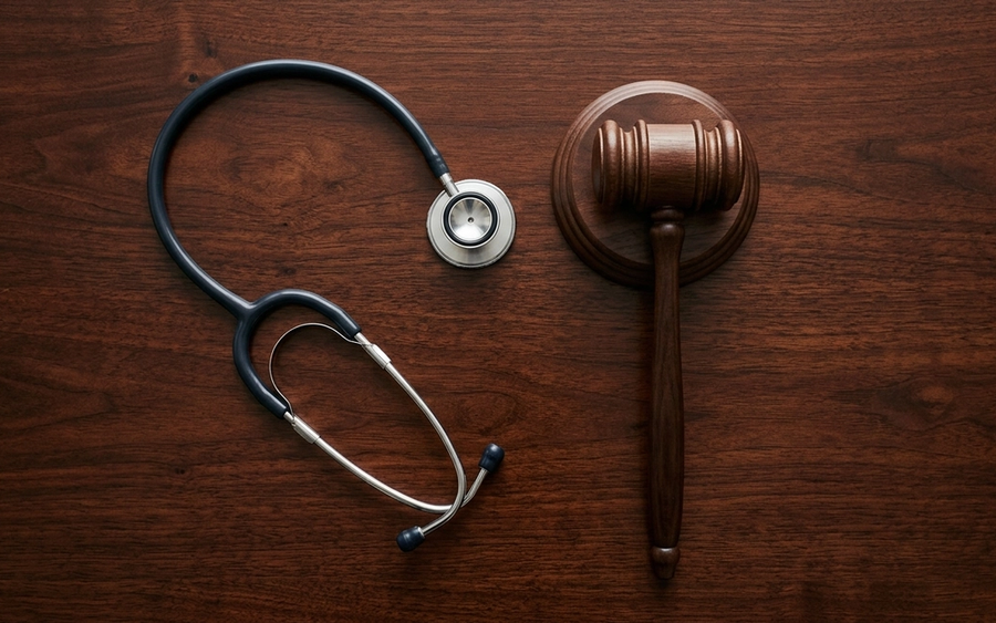 An overhead view of a stethoscope resting on a dark wooden surface next to a gavel, symbolizing the intersection of medicine and law