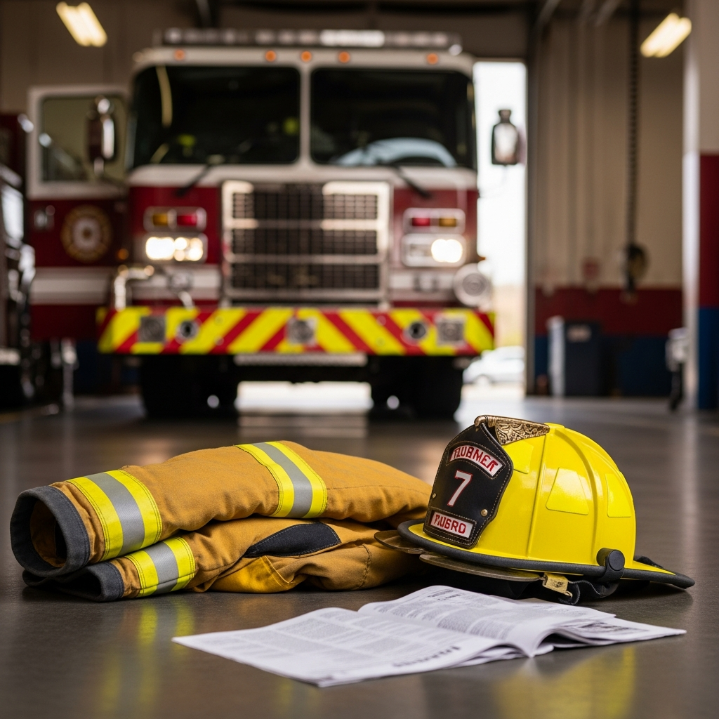 A detailed close-up of yellow firefighter turnout gear and a helmet resting on the floor of a fire station bay with a blurred fire truck in the background.