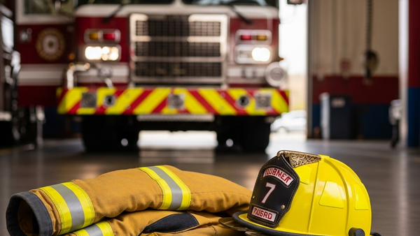 A detailed close-up of yellow firefighter turnout gear and a helmet resting on the floor of a fire station bay with a blurred fire truck in the background.