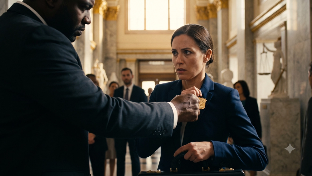 a dramatic, aggressive act within a formal government interior. A large, powerful hand, belonging to a figure mostly in shadow, reaches out to rip a small, unbranded gold shield badge from the lapel of a professional woman wearing a navy suit. She has a distressed expression and is trying to resist while clutching a briefcase.