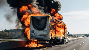 A large commercial semi-truck trailer engulfed in orange flames and black smoke on the shoulder of a modern multi-lane asphalt freeway during the day.