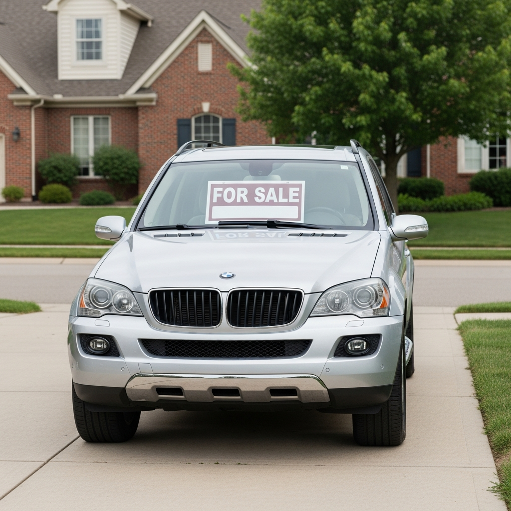 A late-model silver SUV parked in a well-lit suburban driveway with a for-sale sign placed inside the front window, representing a vehicle subject to legal repurchase.