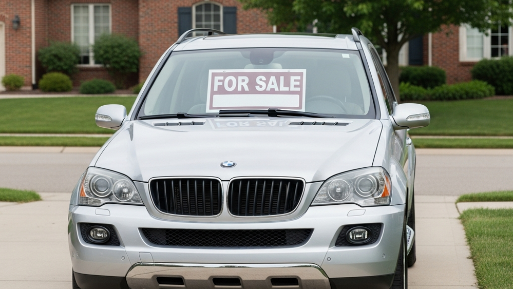 A late-model silver SUV parked in a well-lit suburban driveway with a for-sale sign placed inside the front window, representing a vehicle subject to legal repurchase.