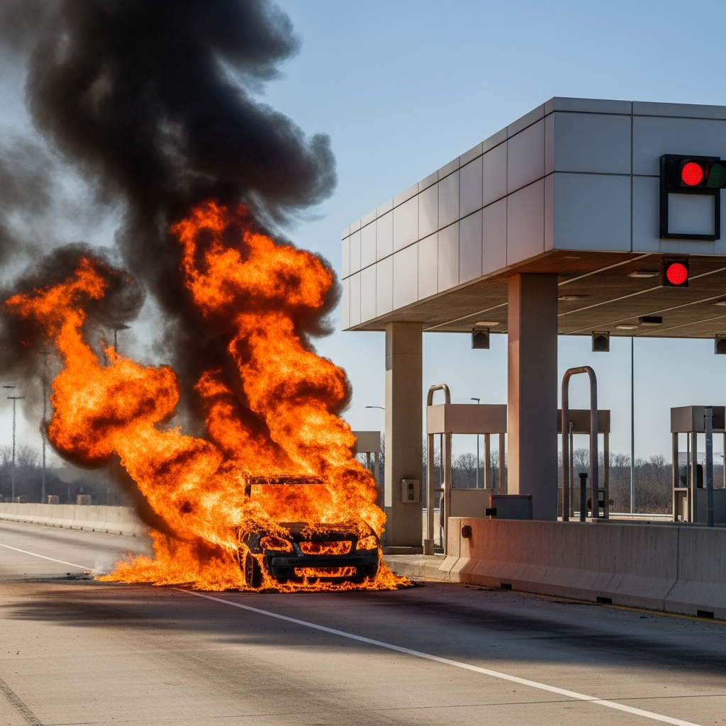 A vehicle engulfed in orange flames next to a concrete highway toll plaza structure on a clear day.