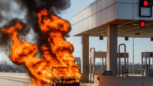 A vehicle engulfed in orange flames next to a concrete highway toll plaza structure on a clear day.