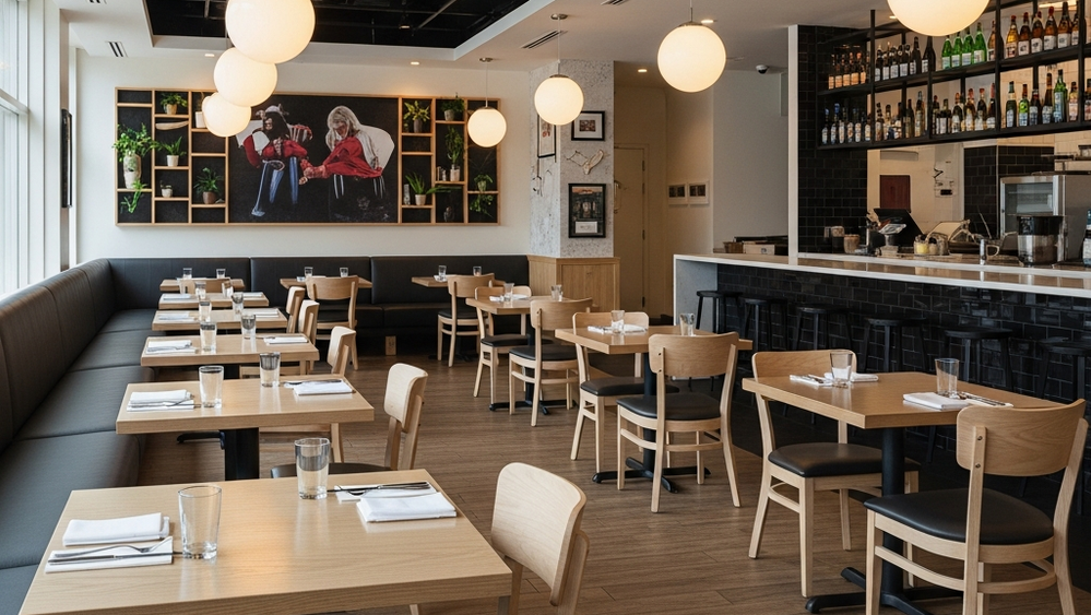 A modern restaurant interior with empty tables and chairs, showing a clean dining area waiting for customers.