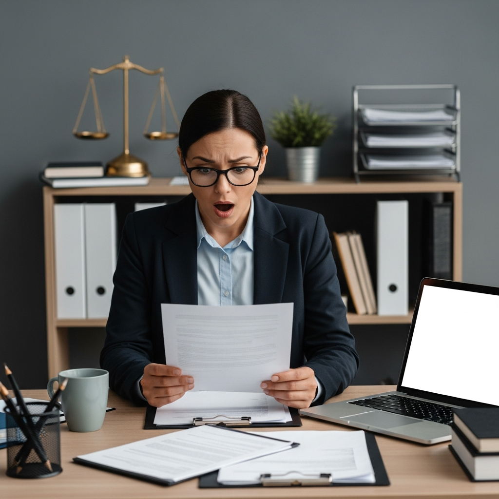 A professional employee sitting at a desk, looking at a printed document with a stunned expression, surrounded by typical office items like a laptop and a mug.