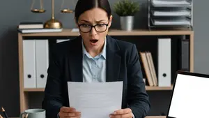 A professional employee sitting at a desk, looking at a printed document with a stunned expression, surrounded by typical office items like a laptop and a mug.