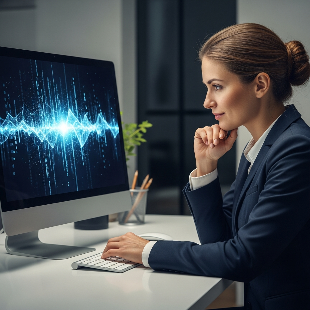 A professional person sits at a modern desk looking at a computer monitor that displays glowing abstract digital data patterns.