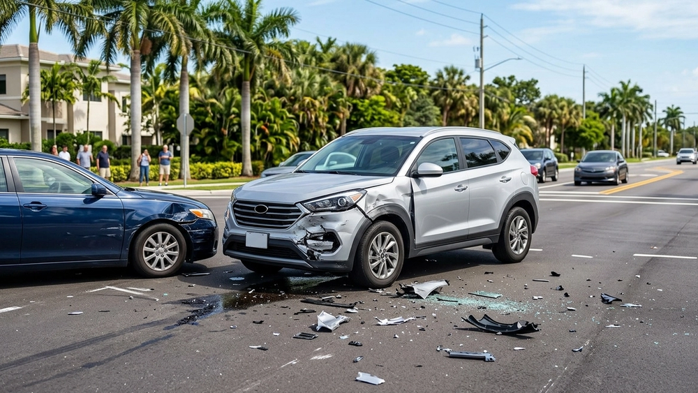 A modern silver SUV and a dark blue sedan collided at an intersection on a sun-drenched Florida road, with debris scattered on the asphalt and palm trees in the background.