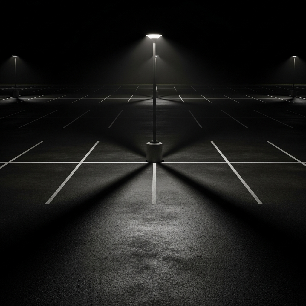 A dark commercial parking lot at night with a single flickering overhead light casting long shadows across empty parking spaces.