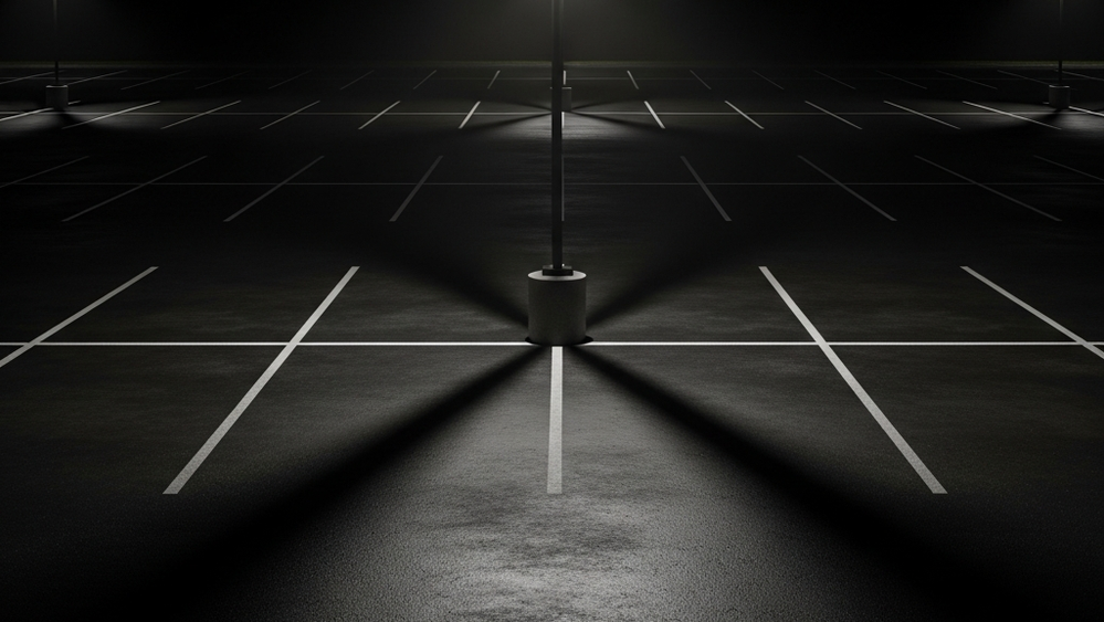 A dark commercial parking lot at night with a single flickering overhead light casting long shadows across empty parking spaces.