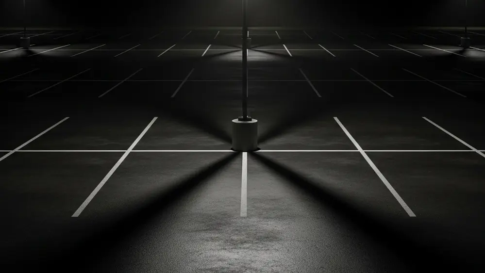 A dark commercial parking lot at night with a single flickering overhead light casting long shadows across empty parking spaces.