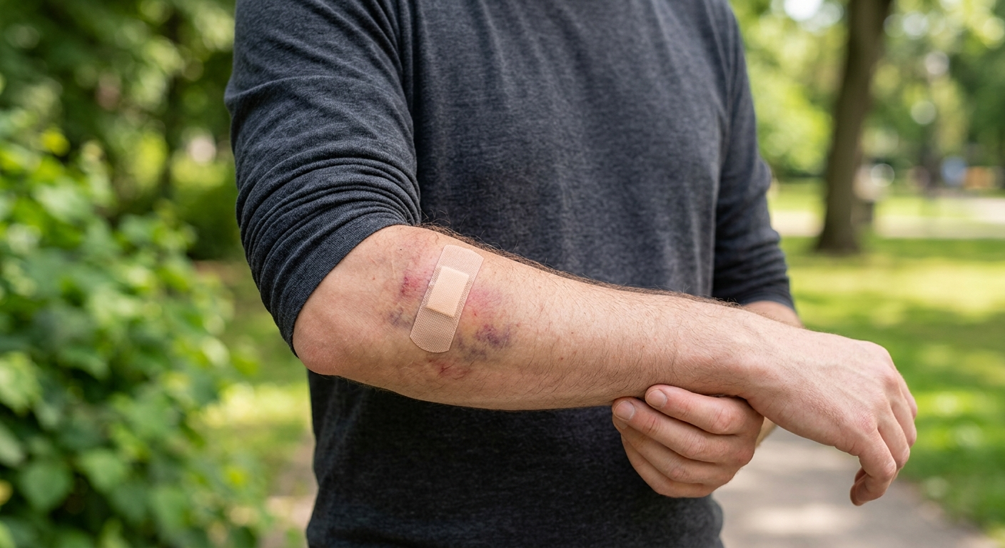 A close up of a person's arm showing a medical bandage and slight bruising from a canine encounter, with a blurred green park background.