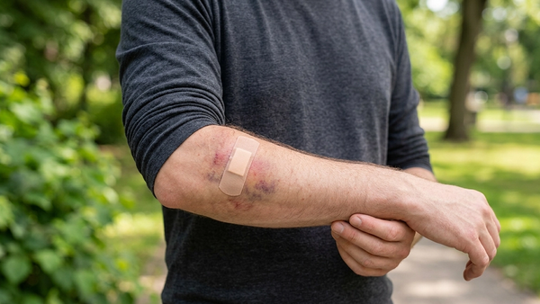 A close up of a person's arm showing a medical bandage and slight bruising from a canine encounter, with a blurred green park background.