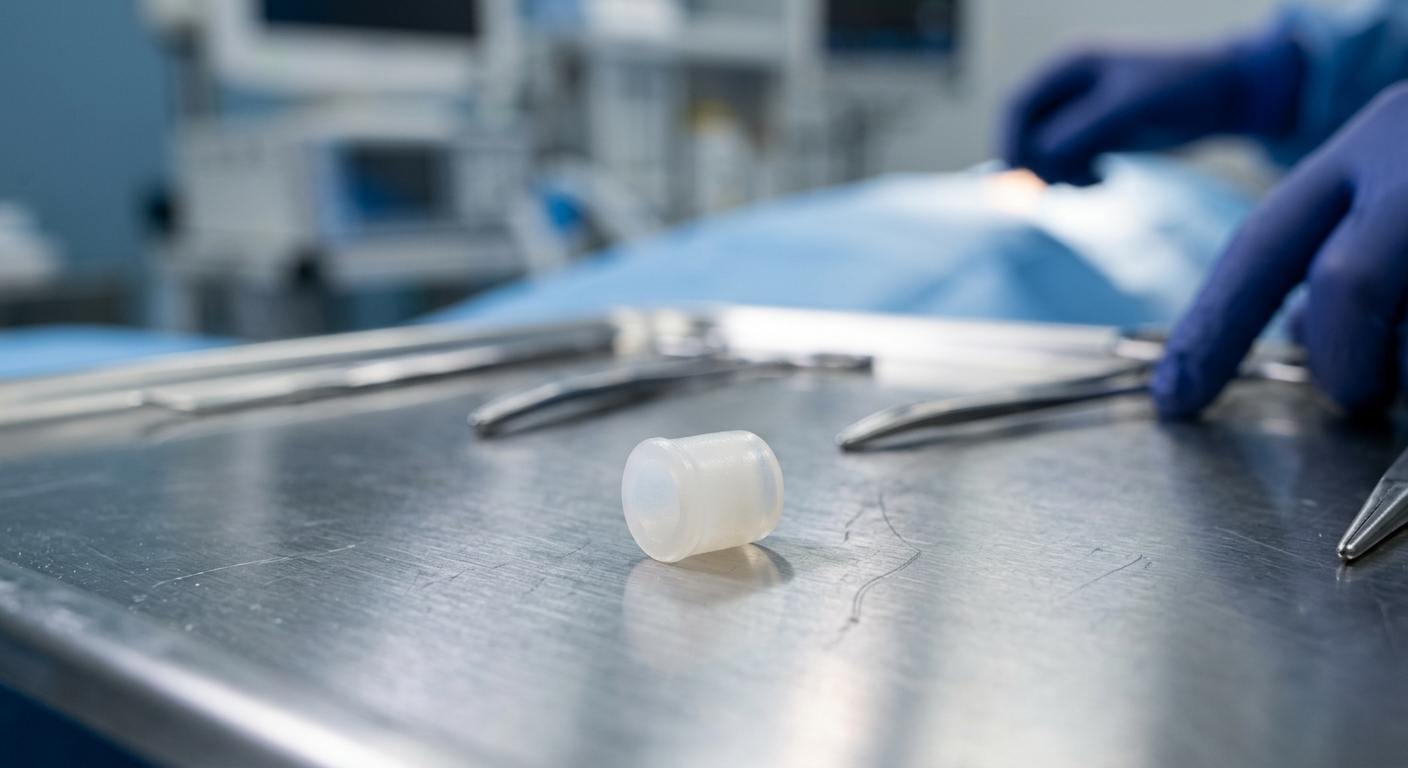 A close-up of a small, translucent synthetic cartilage plug designed for big toe implants resting on a metallic surgical surface