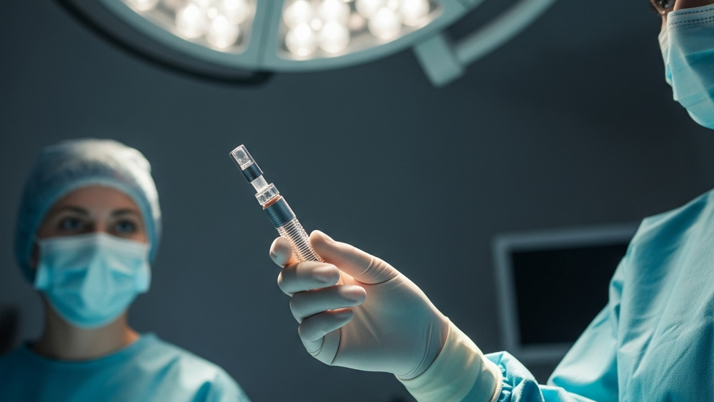 A close-up, symbolic image of a high-tech medical implant device held carefully in a gloved hand under bright surgical theater lights.