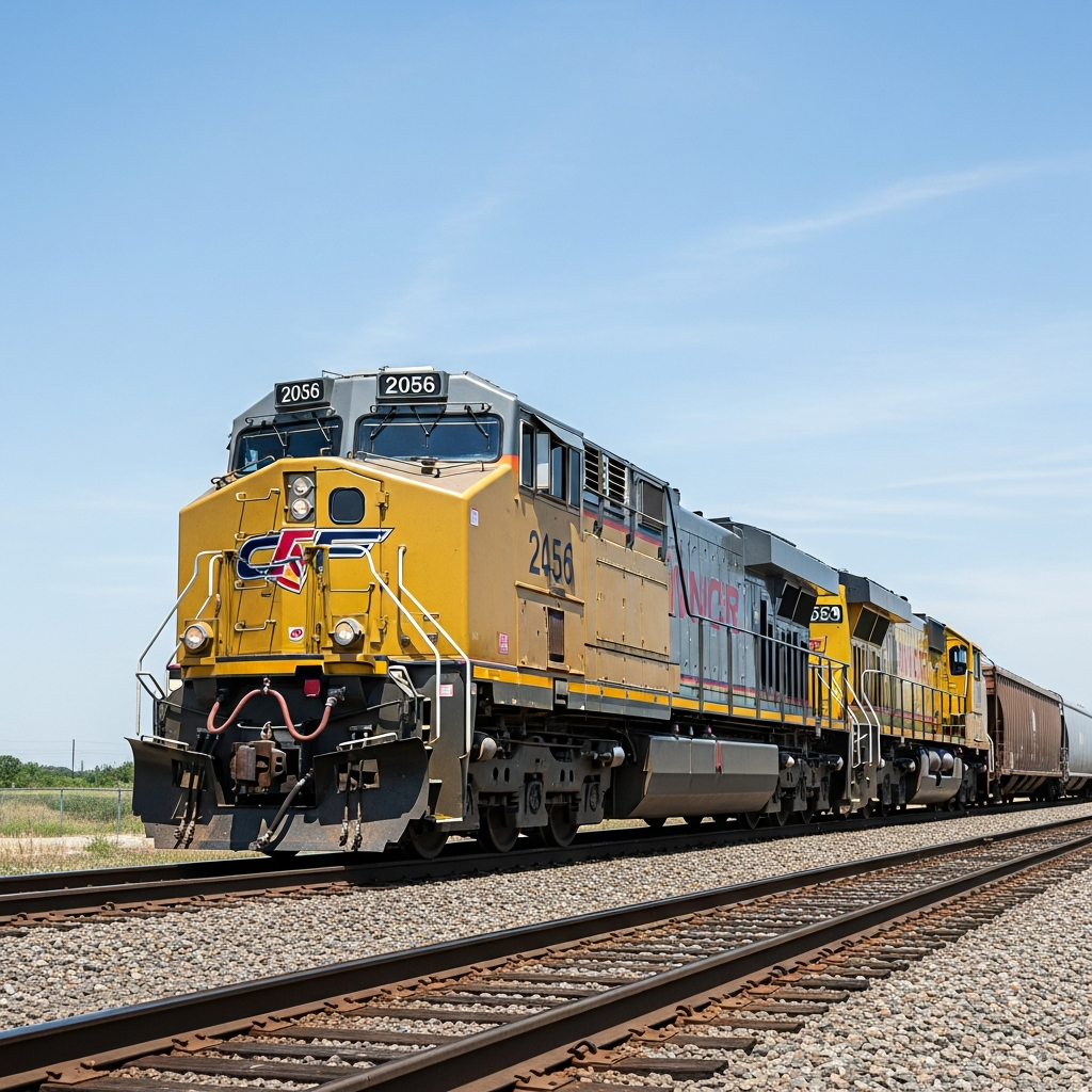 A yellow and grey freight train engine parked on a set of railroad tracks under a clear sky.