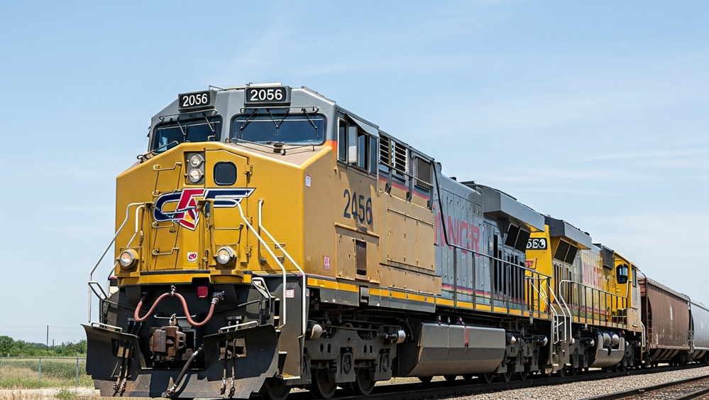 A yellow and grey freight train engine parked on a set of railroad tracks under a clear sky.