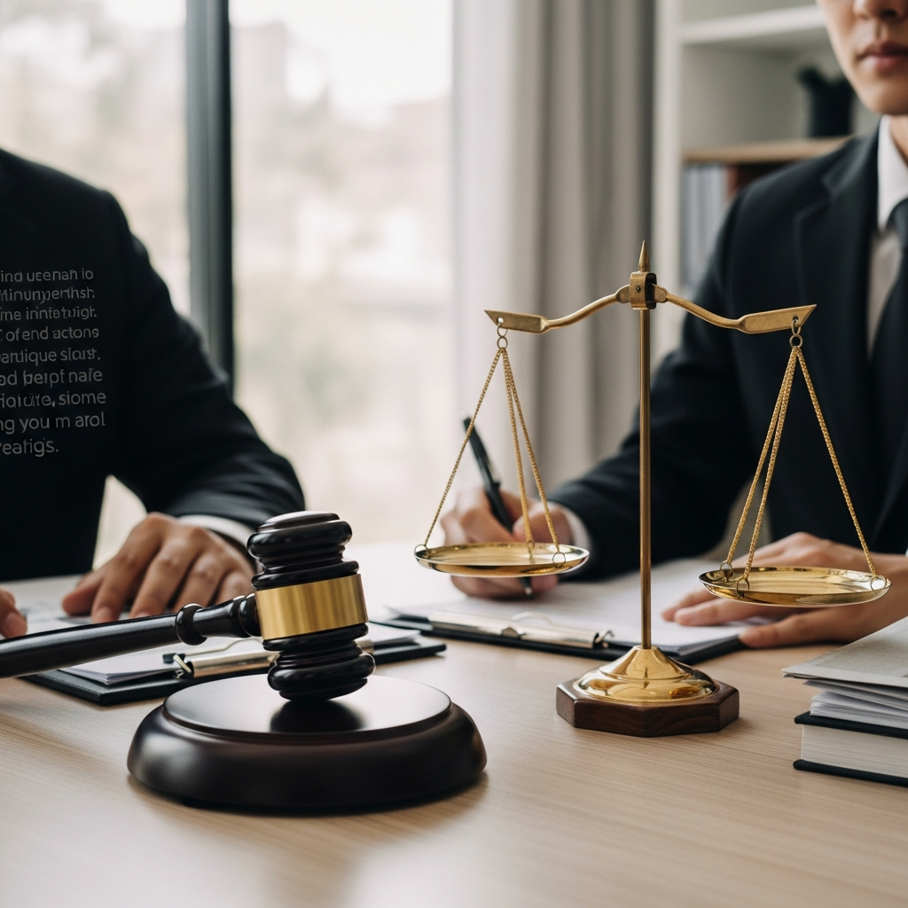 A symbolic wooden gavel resting on a desk next to a balance scale representing justice and legal resolution in a corporate setting.