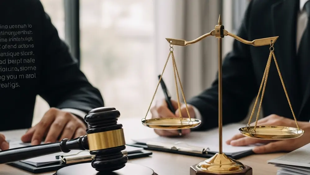 A symbolic wooden gavel resting on a desk next to a balance scale representing justice and legal resolution in a corporate setting.
