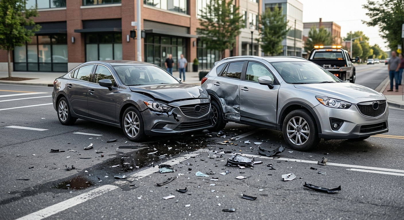 Two modern cars collided at a street intersection with debris scattered on the pavement.