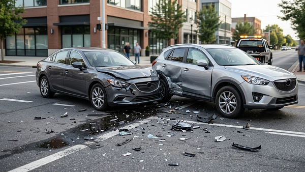Two modern cars collided at a street intersection with debris scattered on the pavement.
