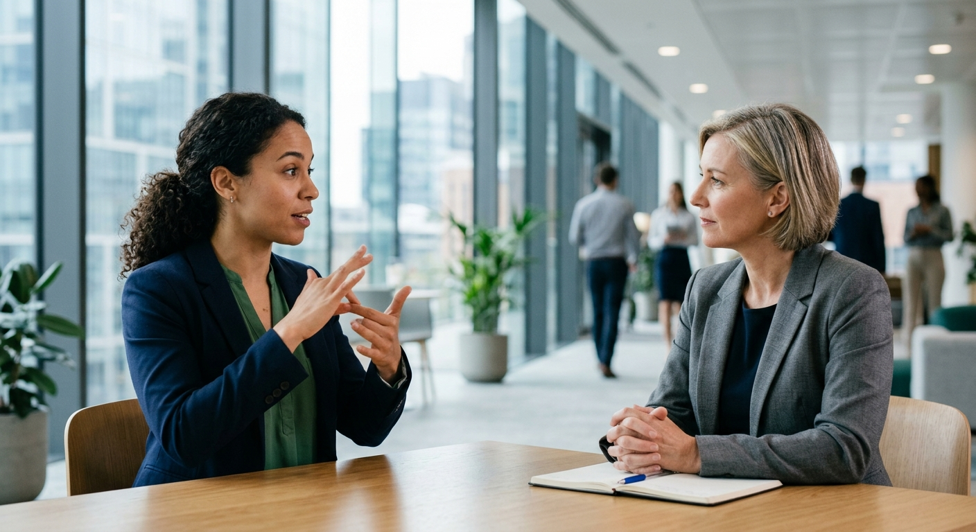 A person using sign language during a job interview with a hiring manager in a professional office setting.