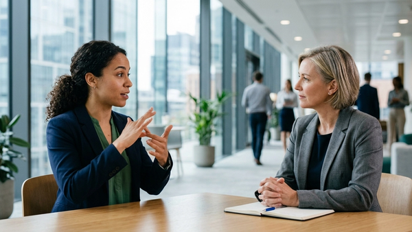 A person using sign language during a job interview with a hiring manager in a professional office setting.